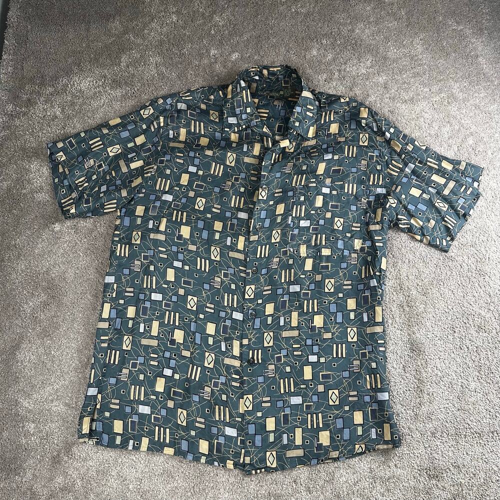 Vtg Silk Icon Size M Green Abstract Geometric 100% Silk Short Sleeve Shirt 90s